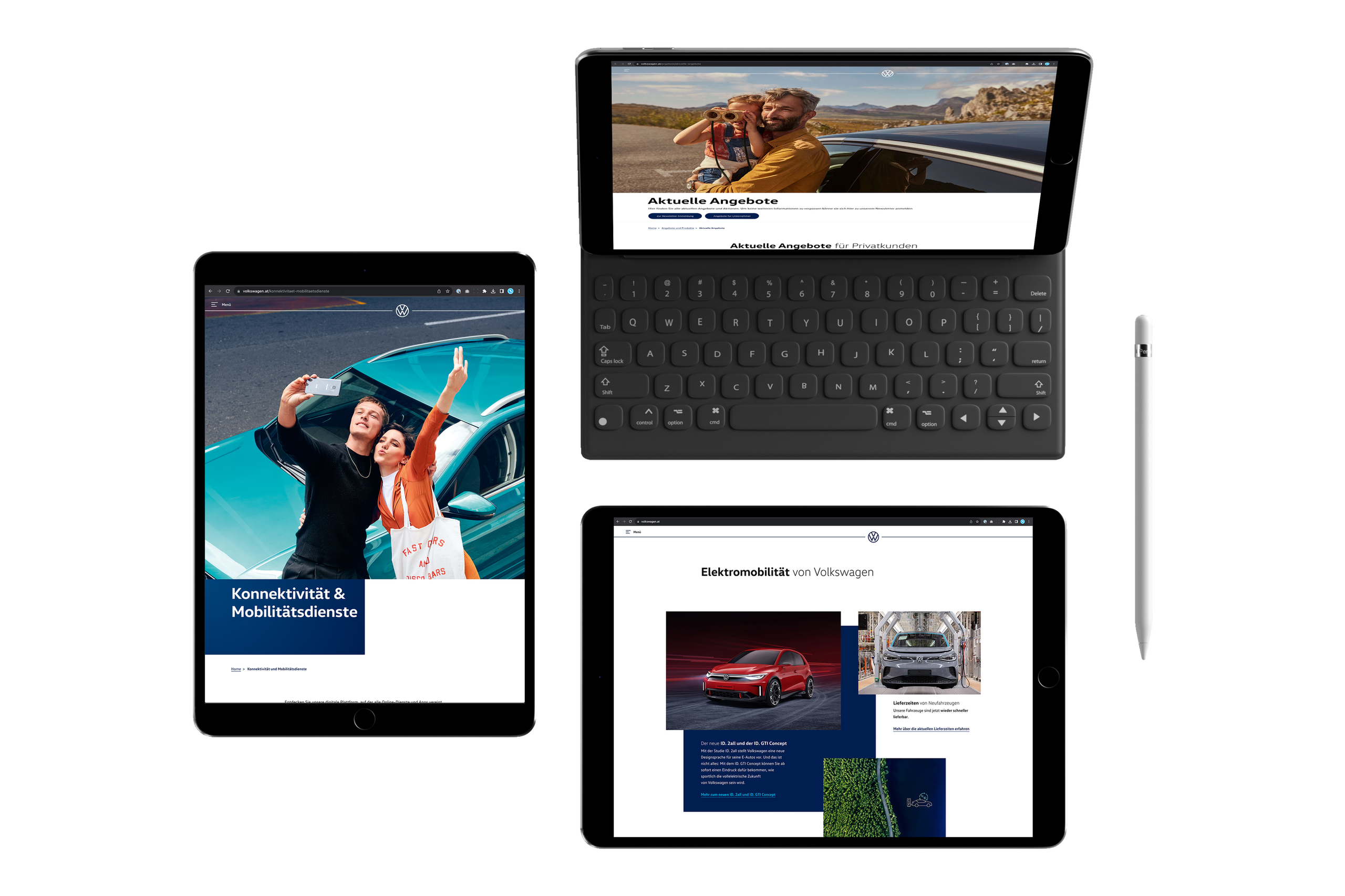 Drei unterschiedliche moderne Devices auf denen die Volkswagen Österreich Website zu sehen ist