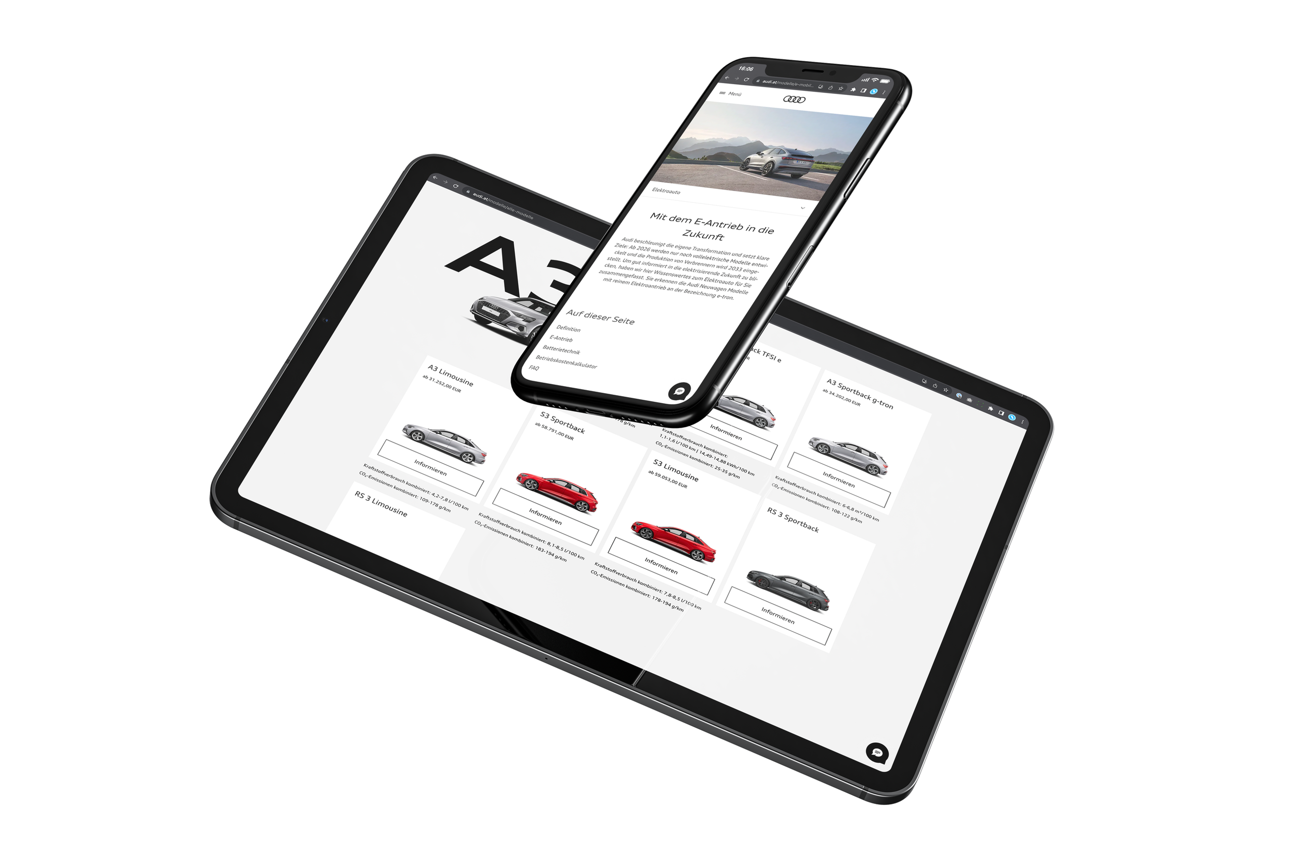 Ein Tablet und ein Smartphone auf denen die Audi Österreich Website zu sehen ist