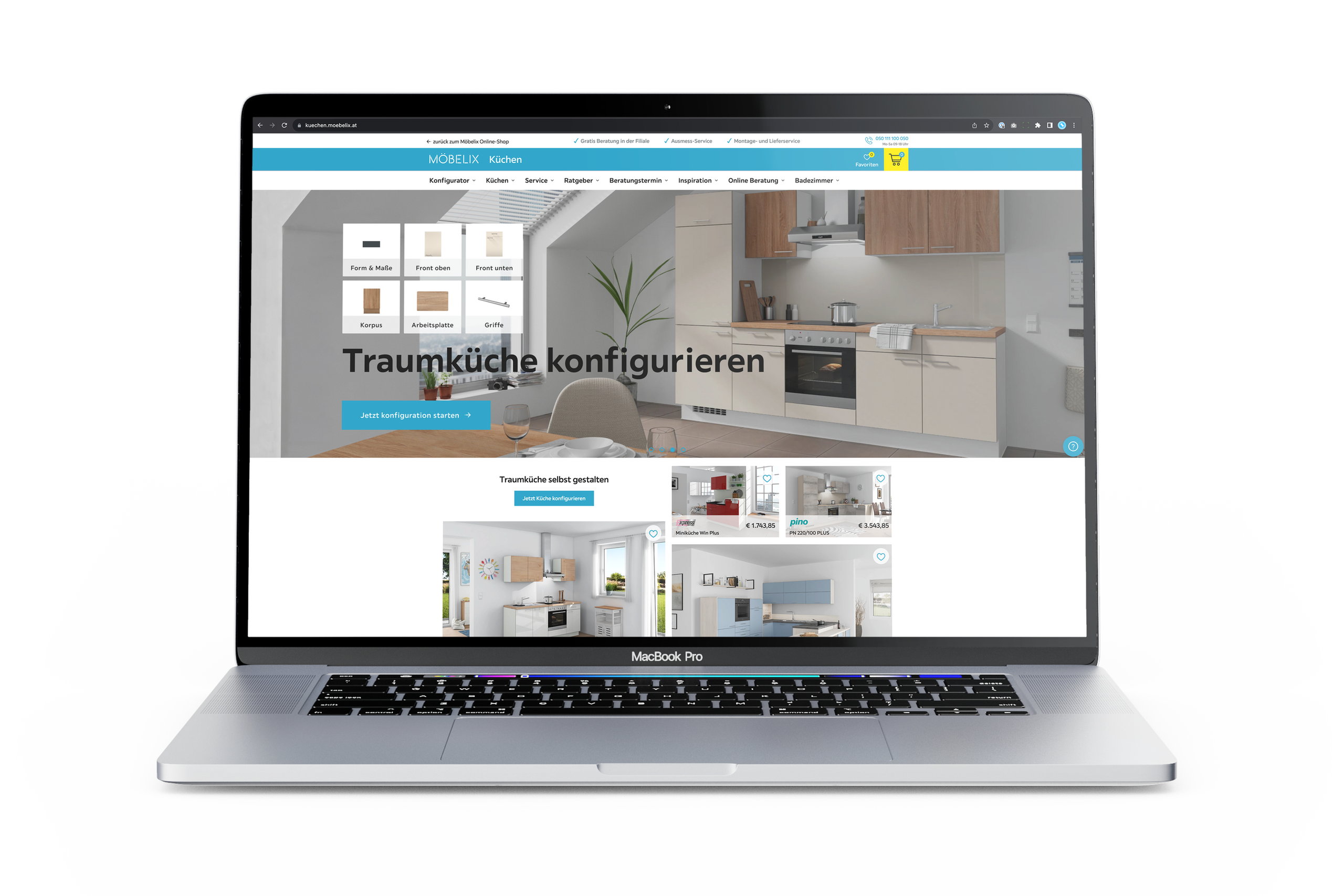 Die Möbelix Küchenplaner Website, dargestellt auf einem Laptop von Apple