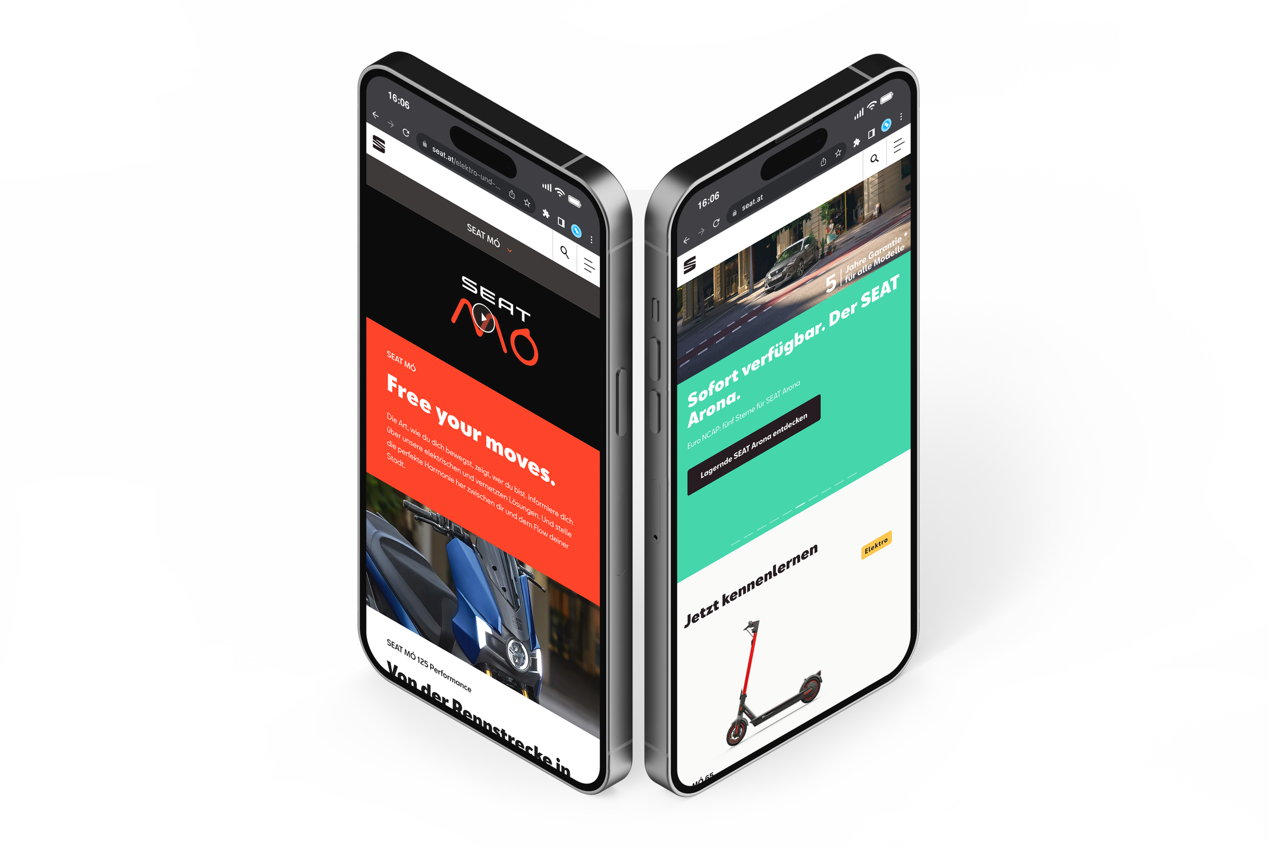 Zwei moderne Smartphones auf denen die responsive Website von SEAT Österreich zu sehen ist