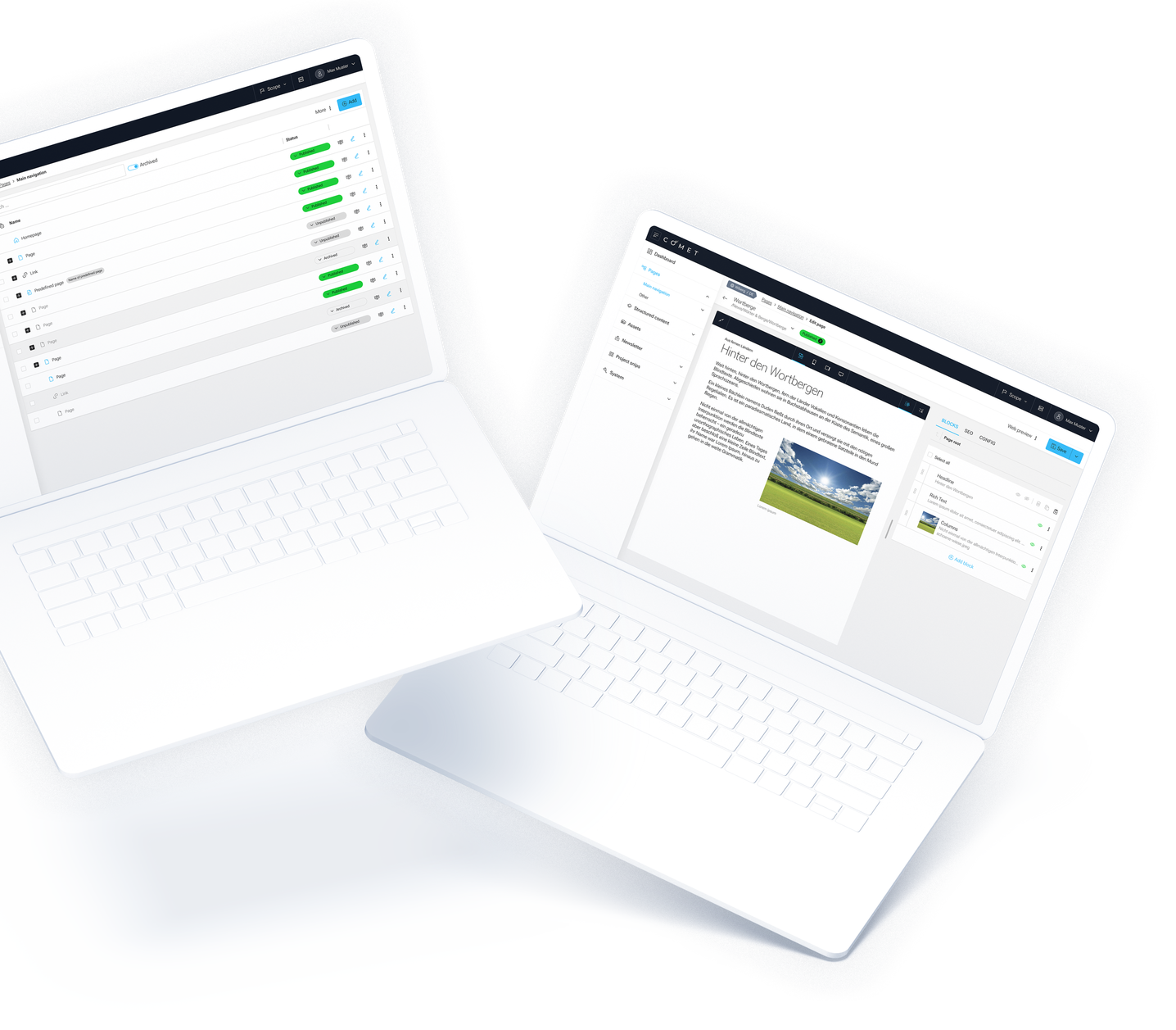 Zwei Laptops die das User Interface der Seitenverwaltung und Seitenbearbeitung in unserem Headless CMS "COMET" zeigen