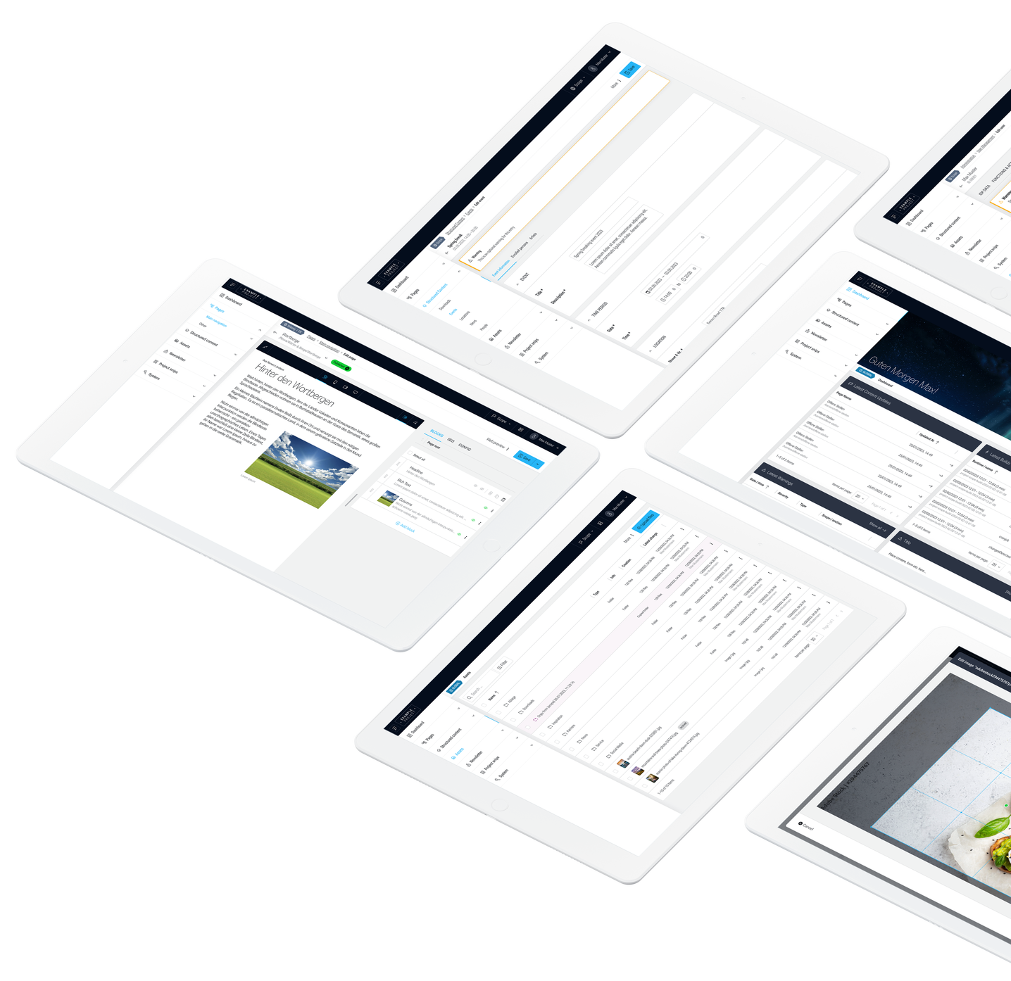 Isometrische Darstellung mehrerer iPads die das UI von unserem CMS "COMET" zeigen