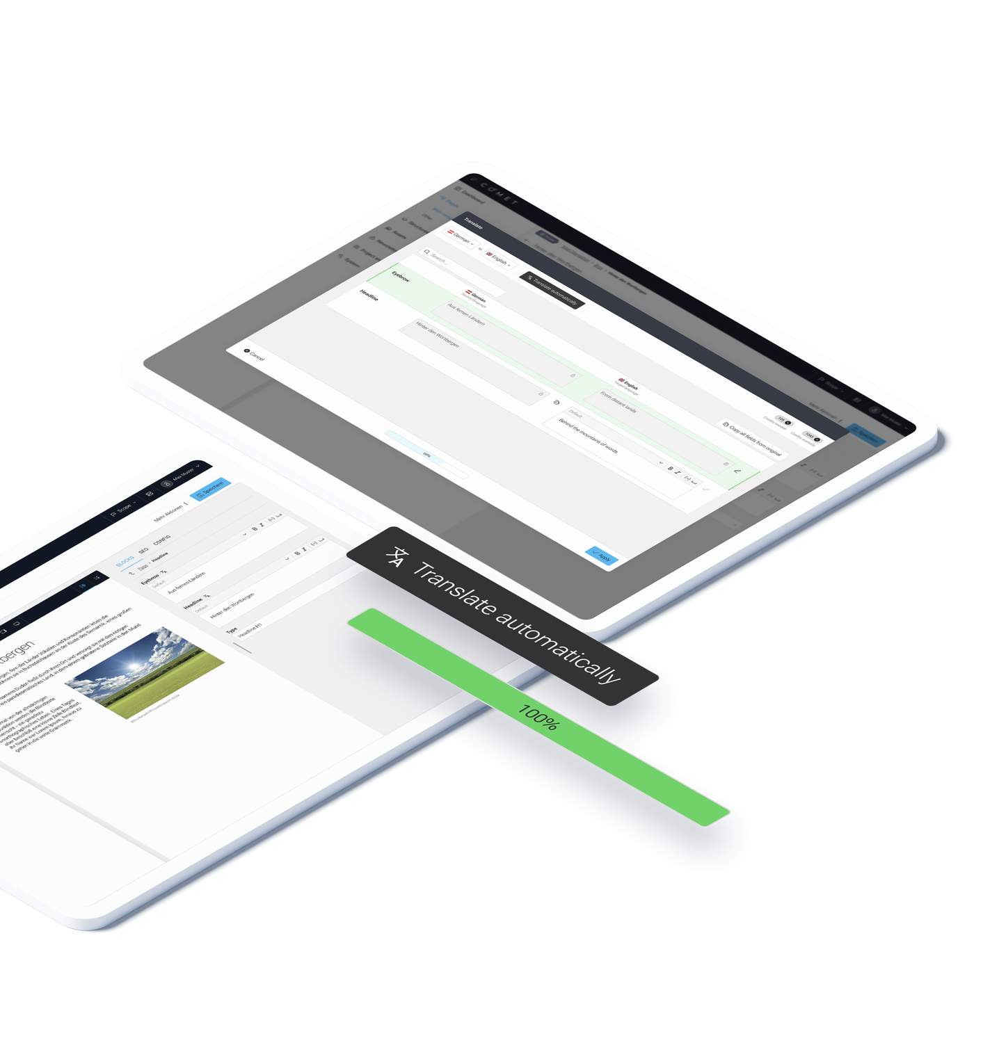 Zwei Tablets auf denen ein User Interface zur automatischen Übersetzung von Texten in eine CMS zu sehen ist