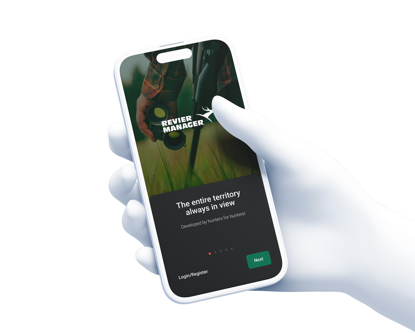 Eine 3D-Hand die ein Smartphone hält, auf dem der Willkommen Bildschirm App "Revier Manager" zu sehen ist