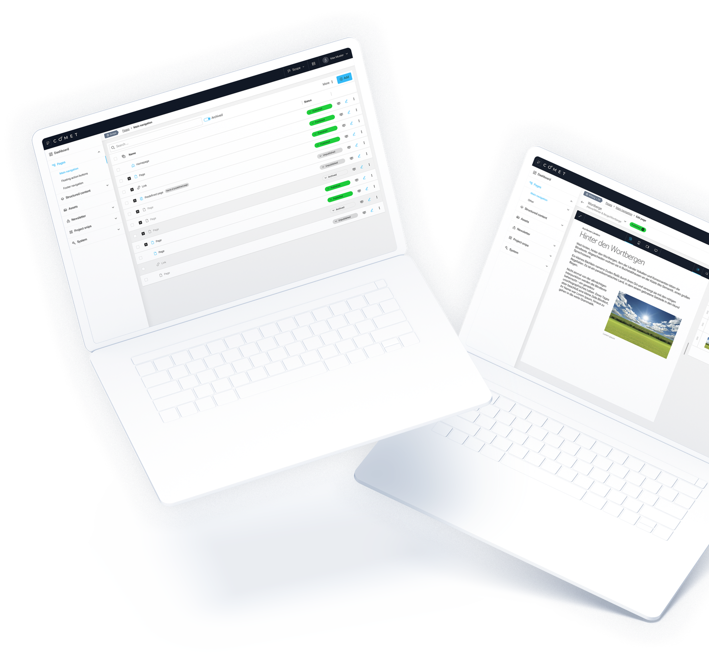 Zwei Laptops auf denen das User Interface der Seitenverwaltung und Seitenbearbeitung des Headless CMS "COMET DXP" zu sehen ist