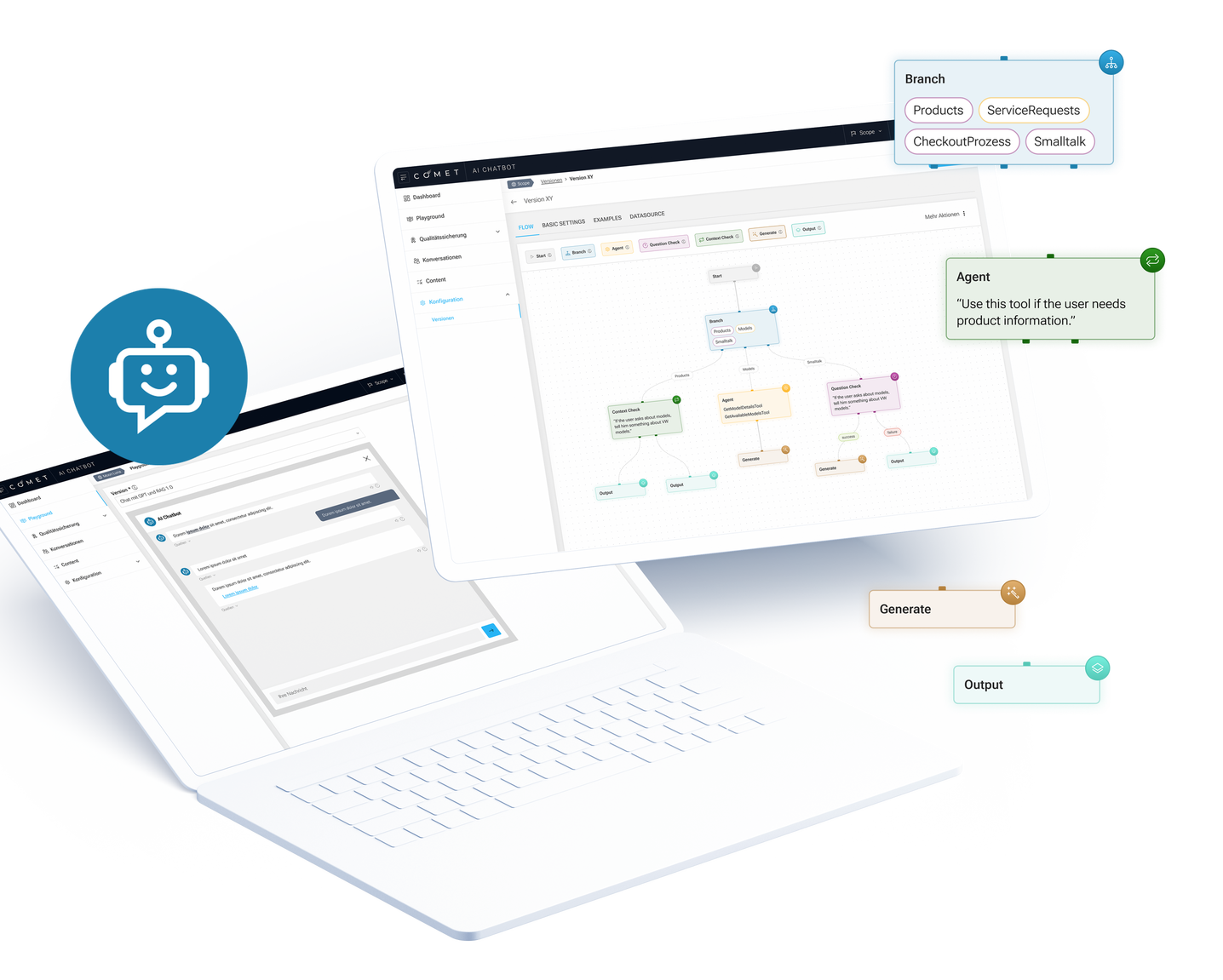 Laptop mit Test Chatbot und Flow des COMET AI Chatbots