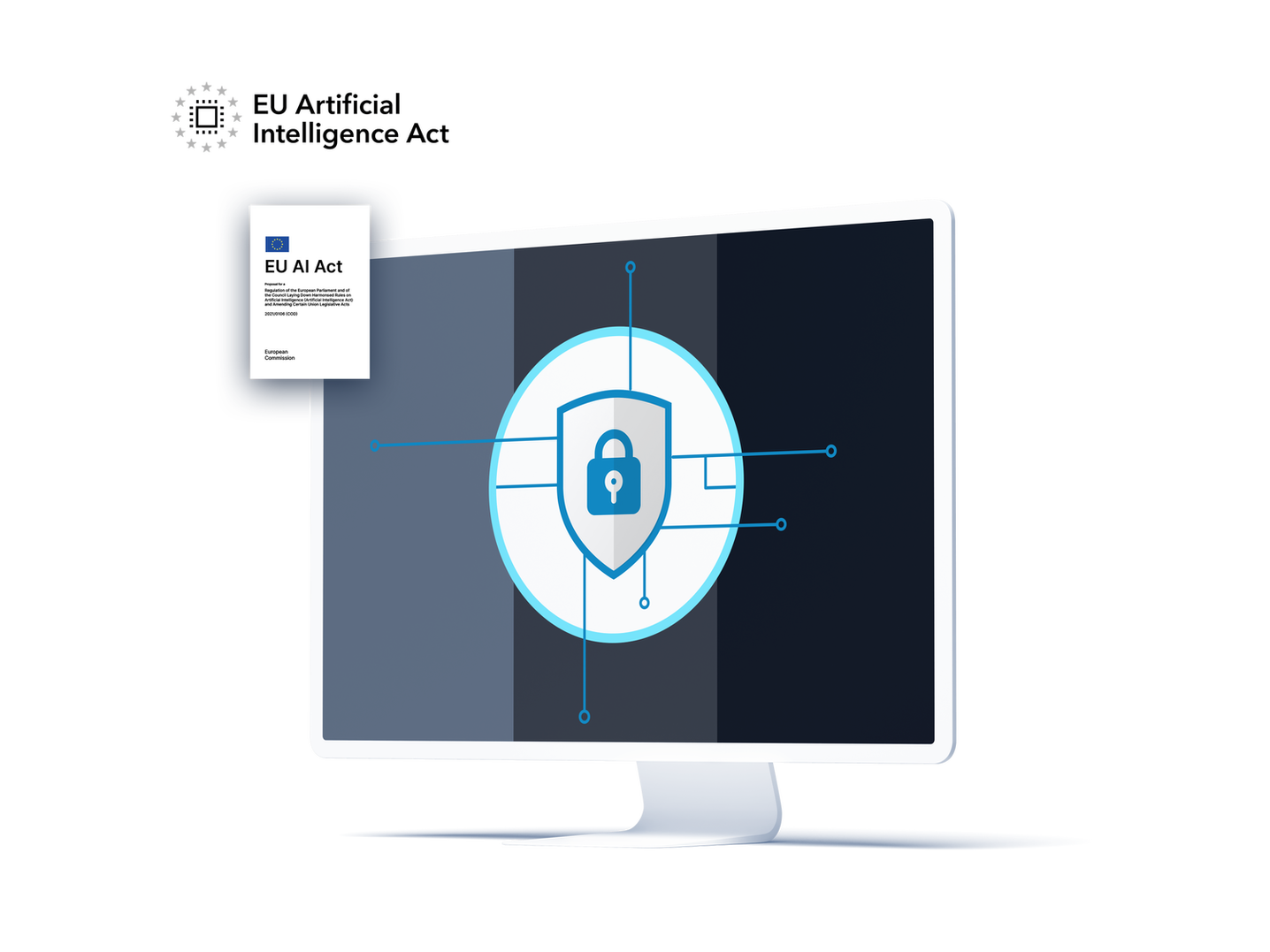 Monitor mit einem Security Symbol und dem Logo des EU Artificial Intelligence Act